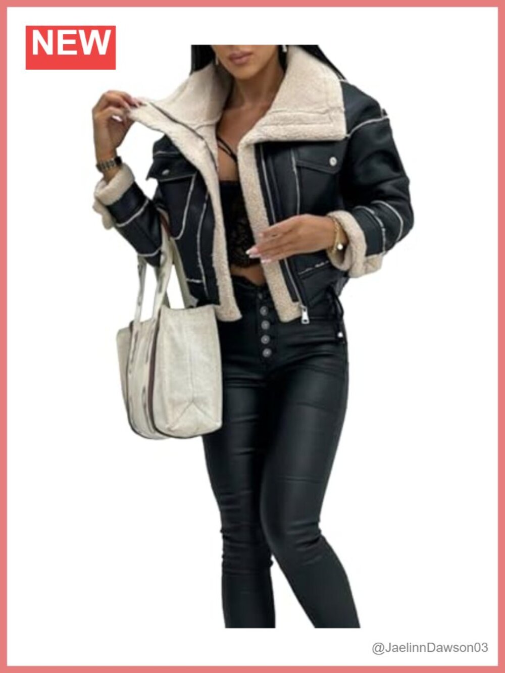 Faux Leather Sherpa-Lined Moto Bomber Jacket Cropped Winter Aviator Coat
